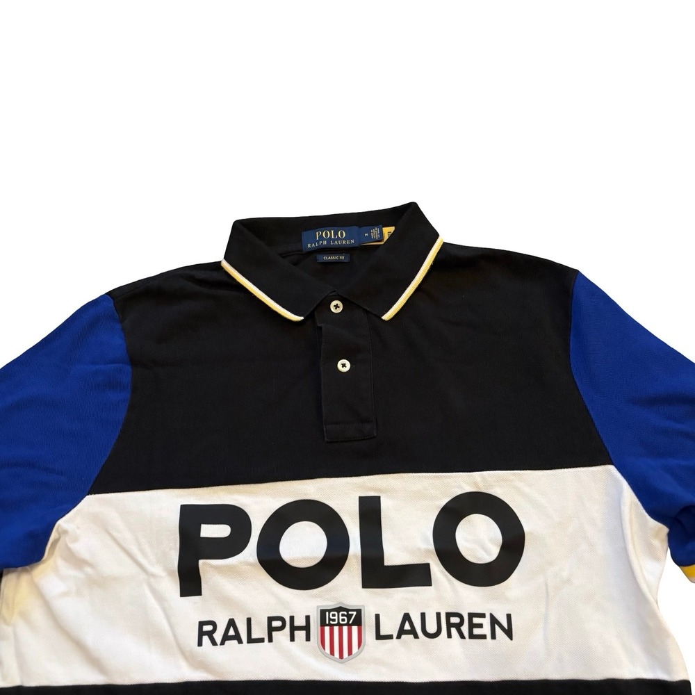 Polo Ralph Lauren Mens Classic Fit Colorblock Logo Polo Shirt Black Blue Size M
